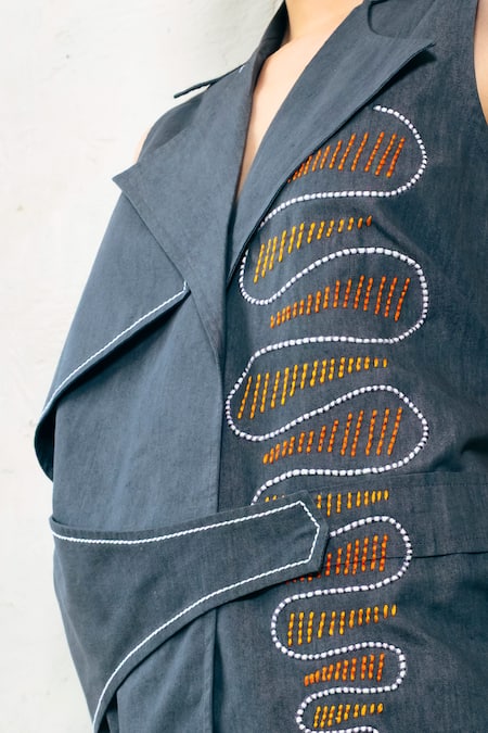 Buy_Shagun Nagi The Label_Gray Denim, Cotton Embroidery Collared Shirt And Pant Set _Online_at_Aza_Fashions