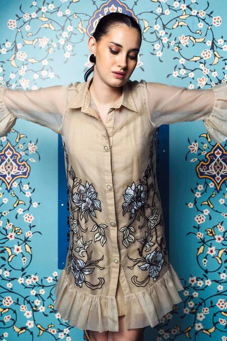 Shagun Nagi The Label_Beige Organza, Dupion, Silk Embroidery Collared Ruffle Applique Dress _Online_at_Aza_Fashions