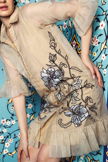 Buy_Shagun Nagi The Label_Beige Organza, Dupion, Silk Embroidery Collared Ruffle Applique Dress _Online_at_Aza_Fashions