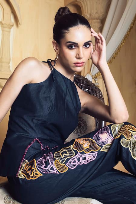 Shagun Nagi The Label_Black Denim, Cotton Embroidery Halter Neck Top And Pant Set _at_Aza_Fashions