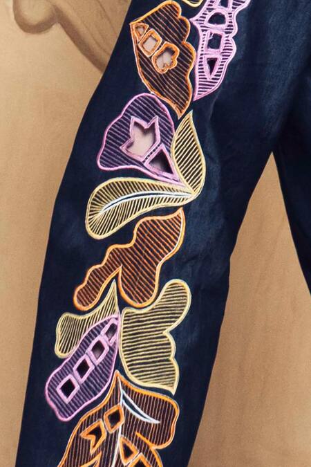 Shop_Shagun Nagi The Label_Black Denim, Cotton Embroidery Square Neck Cropped Blouse And Pant Set _Online_at_Aza_Fashions