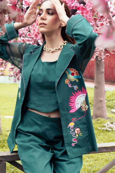 Shagun Nagi The Label_Green Denim, Cotton Embroidery Round Neck Tulip Stem Blazer Set _Online_at_Aza_Fashions