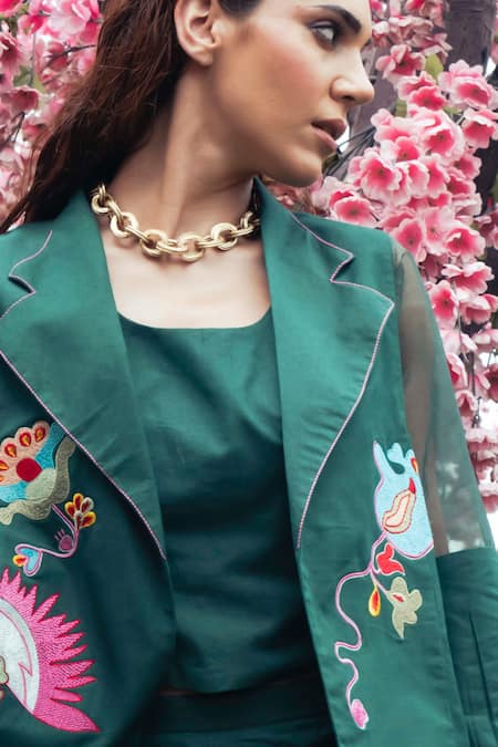Buy_Shagun Nagi The Label_Green Denim, Cotton Embroidery Round Neck Tulip Stem Blazer Set _Online_at_Aza_Fashions