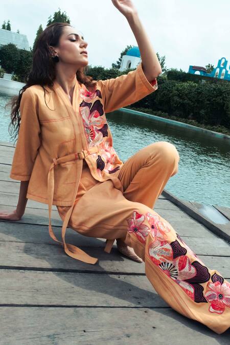 Buy_Shagun Nagi The Label_Orange Denim, Cotton Applique, Embroidery Collared Petals Shirt And Pant Set _Online_at_Aza_Fashions