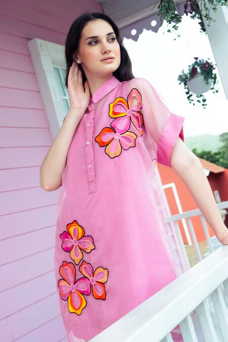 Shagun Nagi The Label_Pink Organza, Dupion, Silk Fabric Flowers Collared Cutwork Floral Dress _Online_at_Aza_Fashions