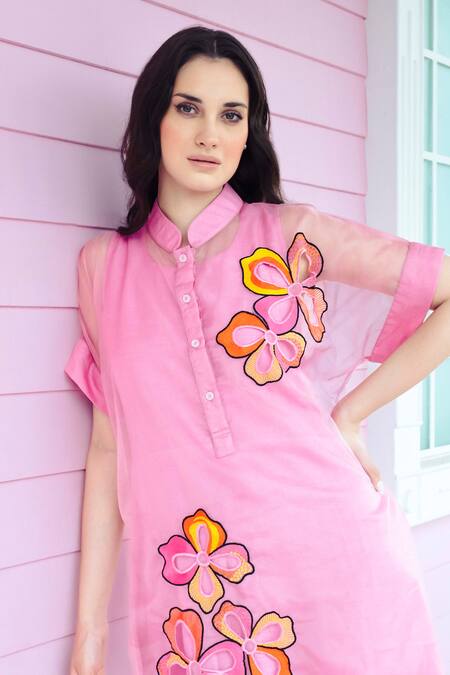 Buy_Shagun Nagi The Label_Pink Organza, Dupion, Silk Fabric Flowers Collared Cutwork Floral Dress _Online_at_Aza_Fashions
