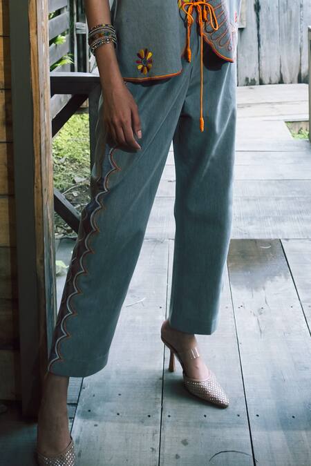 Shagun Nagi The Label_Gray Denim, Cotton Embroidery Mandarin Collar Scallop Jacket Pant Set _Online_at_Aza_Fashions