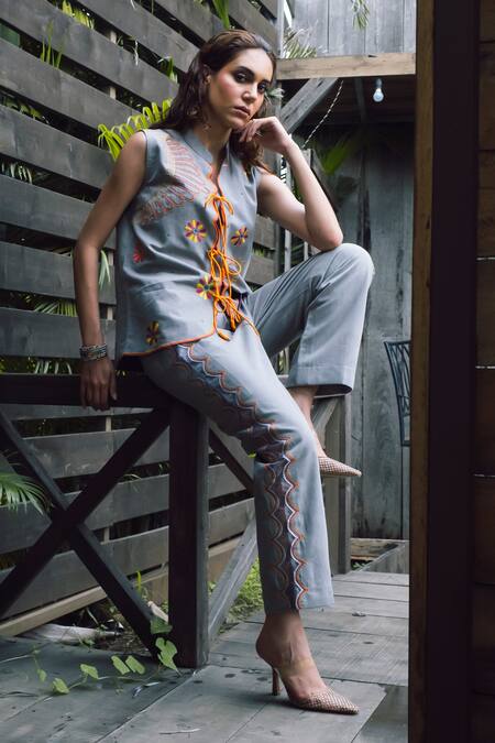 Buy_Shagun Nagi The Label_Gray Denim, Cotton Embroidery Mandarin Collar Scallop Jacket Pant Set _Online_at_Aza_Fashions