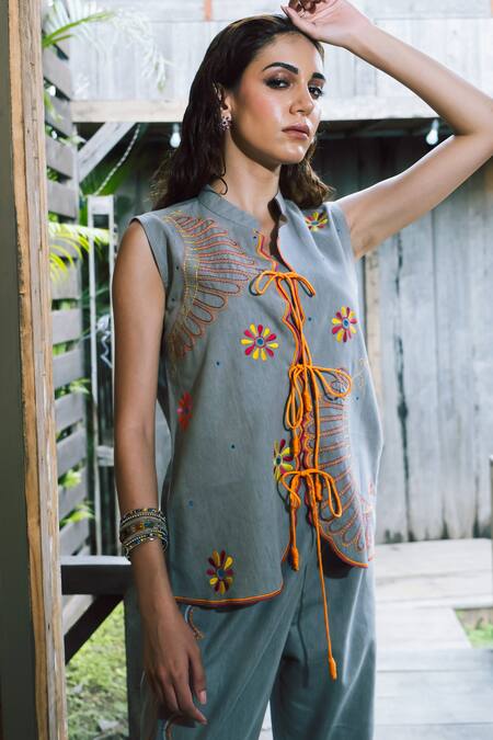 Shop_Shagun Nagi The Label_Gray Denim, Cotton Embroidery Mandarin Collar Scallop Jacket Pant Set _Online_at_Aza_Fashions