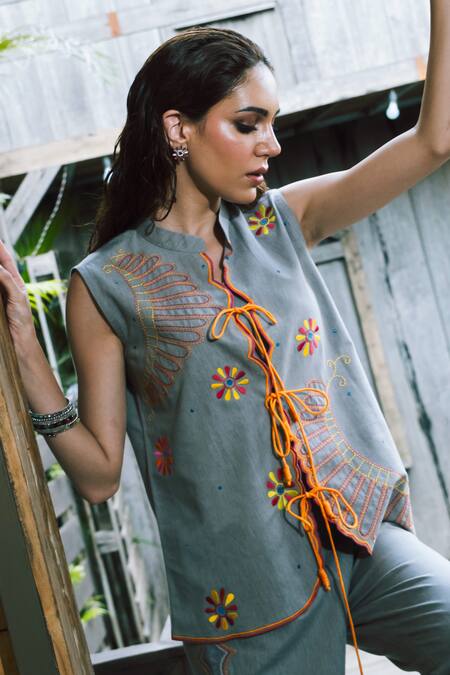 Shagun Nagi The Label_Gray Denim, Cotton Embroidery Mandarin Collar Scallop Jacket Pant Set _at_Aza_Fashions