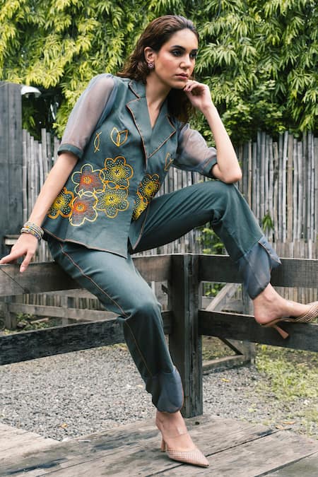 Shagun Nagi The Label_Olive Green Denim, Organza Embroidery Notched French Knot Overlap Top With Pant _Online_at_Aza_Fashions