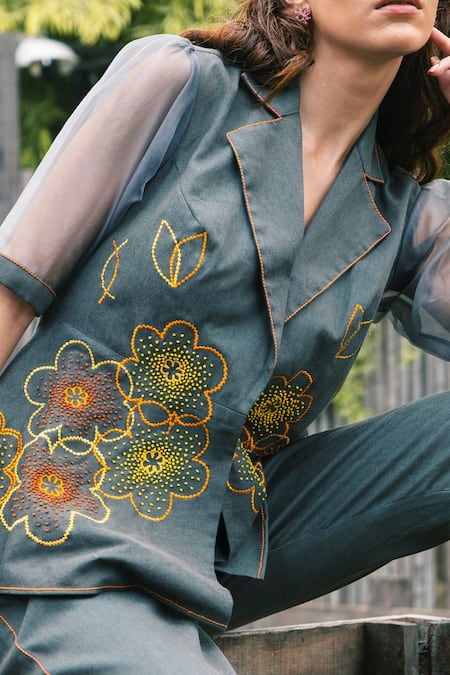 Buy_Shagun Nagi The Label_Olive Green Denim, Organza Embroidery Notched French Knot Overlap Top With Pant _Online_at_Aza_Fashions