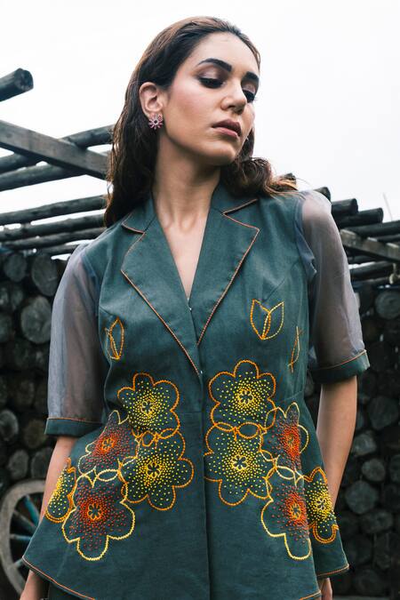 Shop_Shagun Nagi The Label_Olive Green Denim, Organza Embroidery Notched French Knot Overlap Top With Pant _Online_at_Aza_Fashions