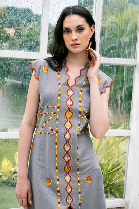 Shop_Shagun Nagi The Label_Gray Organza Embroidery Scallop Dress _Online_at_Aza_Fashions