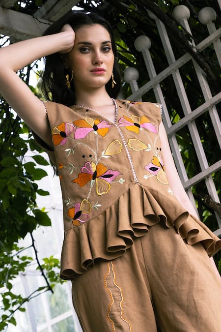 Buy_Shagun Nagi The Label_Beige Denim, Cotton Embroidery V-neck Floral Top And Pant Set _Online_at_Aza_Fashions