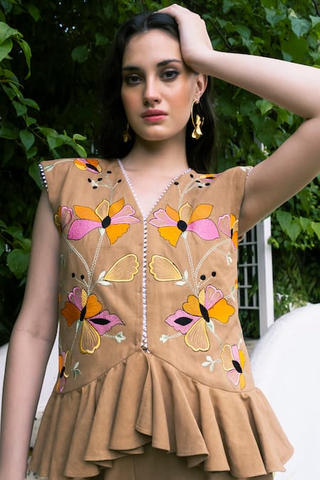 Shop_Shagun Nagi The Label_Beige Denim, Cotton Embroidery V-neck Floral Top And Pant Set _Online_at_Aza_Fashions