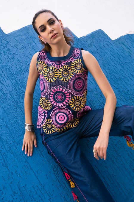 Shagun Nagi The Label_Multi Color Denim, Cotton Embroidery, Circle Flower Cutwork Top And Pant Set _Online_at_Aza_Fashions