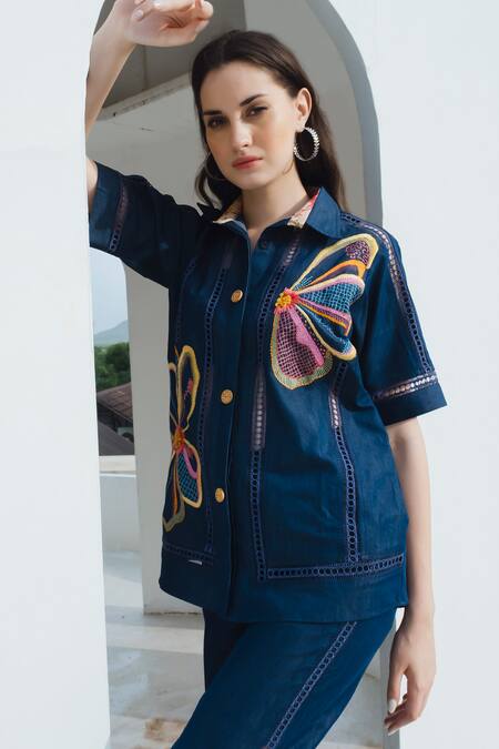 Buy_Shagun Nagi The Label_Blue Denim, Cotton Embroidery Collared Flower Shirt And Pant Set _Online_at_Aza_Fashions
