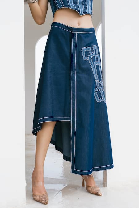 Shagun Nagi The Label_Blue Denim, Cotton Square Neck Shimmer Corset Skirt Set _Online_at_Aza_Fashions