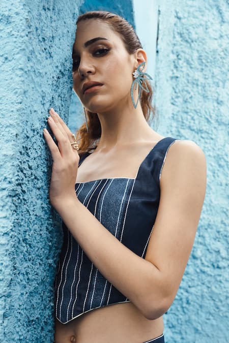 Shagun Nagi The Label_Blue Denim, Cotton Square Neck Shimmer Corset Skirt Set _at_Aza_Fashions