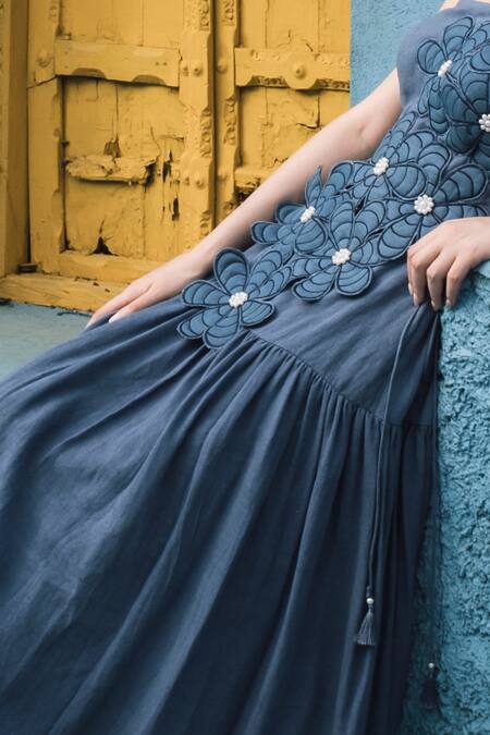 Shagun Nagi The Label_Blue Denim, Cotton Fabric Flowers, Pearls 3d Embroidered Blouse And Skirt Set _Online_at_Aza_Fashions