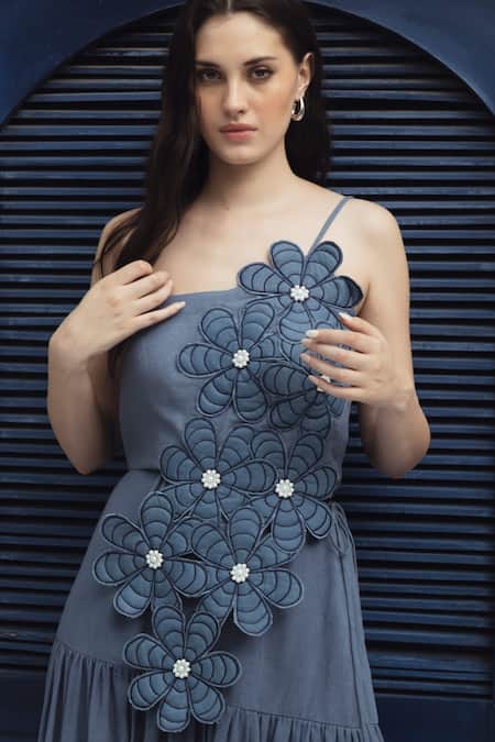 Buy_Shagun Nagi The Label_Blue Denim, Cotton Fabric Flowers, Pearls 3d Embroidered Blouse And Skirt Set _Online_at_Aza_Fashions