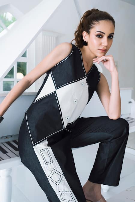 Shagun Nagi The Label_Black Embroidery V-neck Patchwork Top And Pant Set _Online_at_Aza_Fashions