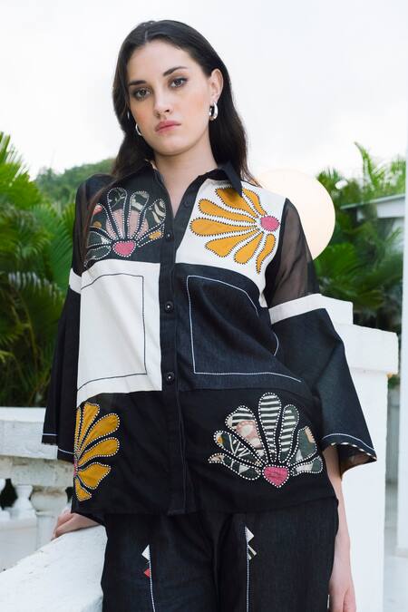 Shagun Nagi The Label_Black Denim, Cotton Applique, Embroidery Collared Shirt With Pant _Online_at_Aza_Fashions
