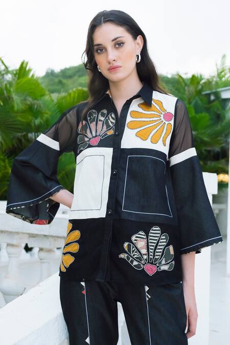 Buy_Shagun Nagi The Label_Black Denim, Cotton Applique, Embroidery Collared Shirt With Pant _Online_at_Aza_Fashions