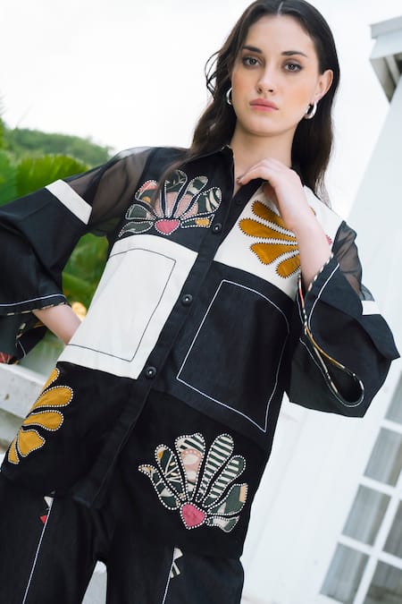 Shop_Shagun Nagi The Label_Black Denim, Cotton Applique, Embroidery Collared Shirt With Pant _Online_at_Aza_Fashions