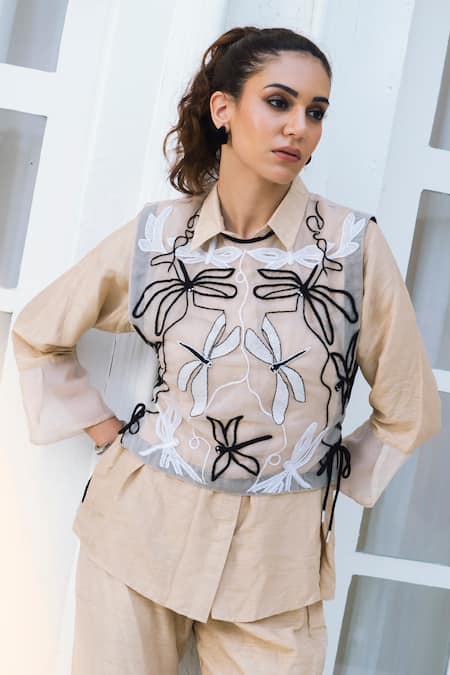 Shagun Nagi The Label_Beige Denim, Cotton Embroidery Round Neck, Dragonfly Waistcoat Pant Set _Online_at_Aza_Fashions