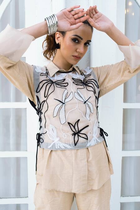 Buy_Shagun Nagi The Label_Beige Denim, Cotton Embroidery Round Neck, Dragonfly Waistcoat Pant Set _Online_at_Aza_Fashions