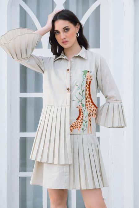 Shagun Nagi The Label_Beige Organza, Dupion, Silk Embroidery Collared Me And Mom Giraffe Dress _Online_at_Aza_Fashions