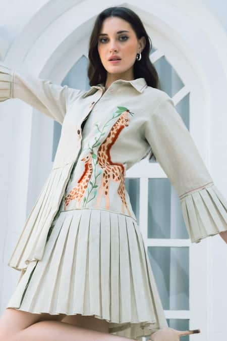 Buy_Shagun Nagi The Label_Beige Organza, Dupion, Silk Embroidery Collared Me And Mom Giraffe Dress _Online_at_Aza_Fashions