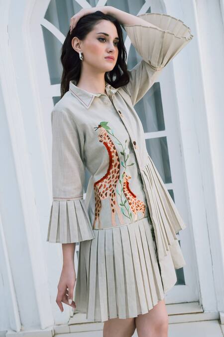 Shop_Shagun Nagi The Label_Beige Organza, Dupion, Silk Embroidery Collared Me And Mom Giraffe Dress _Online_at_Aza_Fashions