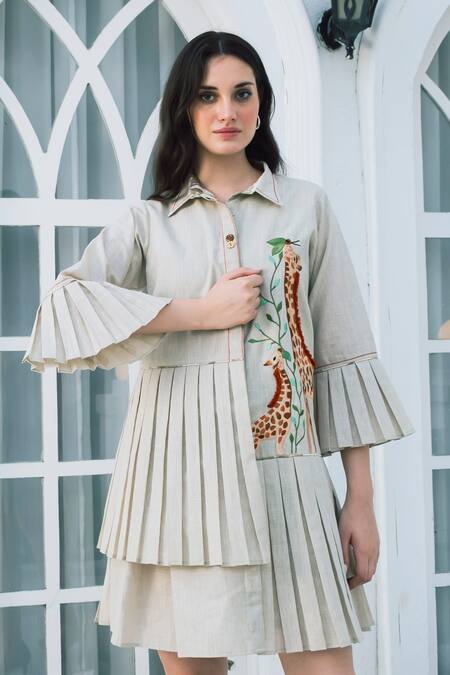 Shagun Nagi The Label_Beige Organza, Dupion, Silk Embroidery Collared Me And Mom Giraffe Dress _at_Aza_Fashions