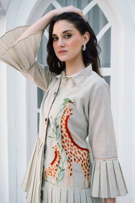 Buy_Shagun Nagi The Label_Beige Organza, Dupion, Silk Embroidery Collared Me And Mom Giraffe Dress 