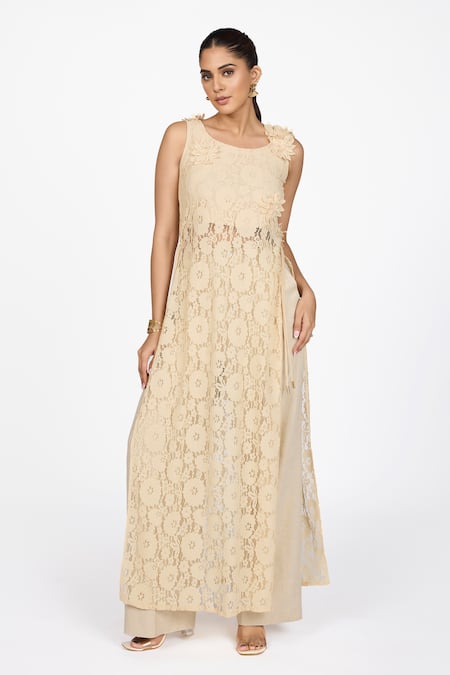 Shop_Dev And Viv_Beige Lace Round Neck Embroidered Dress _Online_at_Aza_Fashions