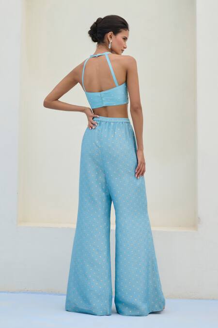 Chamee And Palak_White Tissue, Brocade, Silk, Net Embroidery Halter Neck Lara Cape And Pant Set _Online_at_Aza_Fashions