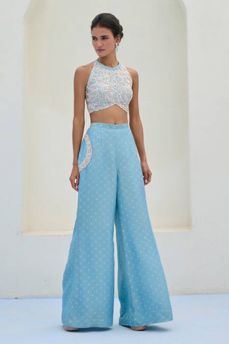 Shop_Chamee And Palak_White Tissue, Brocade, Silk, Net Embroidery Halter Neck Lara Cape And Pant Set _Online_at_Aza_Fashions