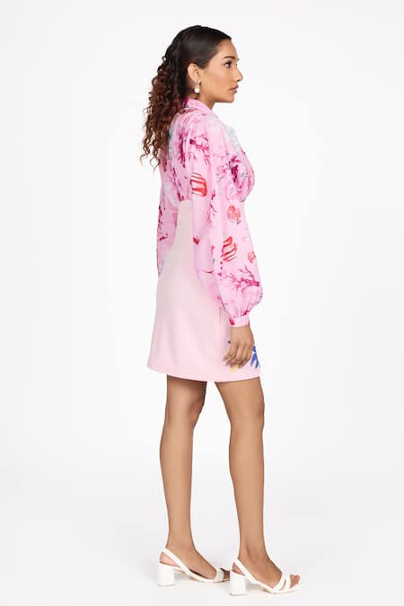 Shop_Dev And Viv_Pink Rayon Embroidery, Pearls Collared Under Water Pattern Dress _Online_at_Aza_Fashions