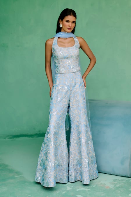 Chamee And Palak Blue Dupion, Silk Embroidery, Sequins Halter Neck Mahin Top And Flared Pant Set 