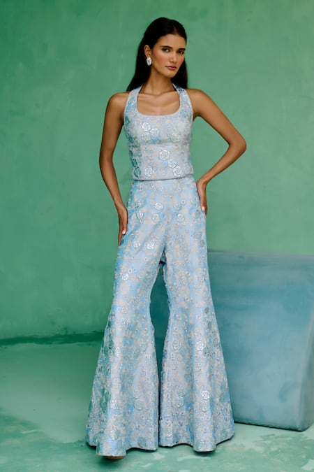 Shop_Chamee And Palak_Blue Dupion, Silk Embroidery, Sequins Halter Neck Mahin Top And Flared Pant Set _Online_at_Aza_Fashions