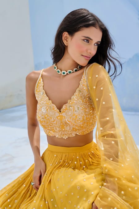 Shop_Chamee And Palak_Yellow Georgette, Silk, Net Sequins, Embroidery Zohra Blouse And Lehenga Set _Online_at_Aza_Fashions
