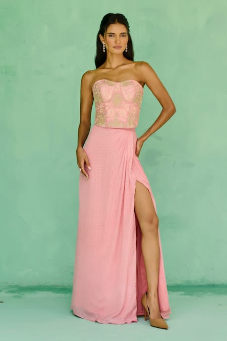 Chamee And Palak Pink Georgette, Silk Embroidery Sweetheart Neck Esita Corset With Slit Skirt 