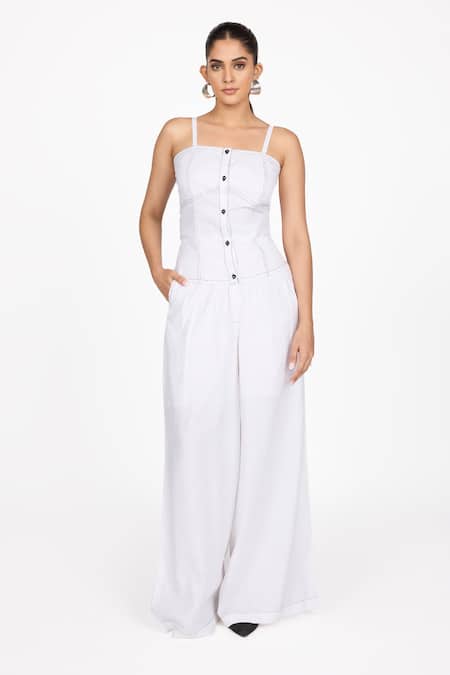 Dev And Viv_White Lycra Plain Trouser _at_Aza_Fashions