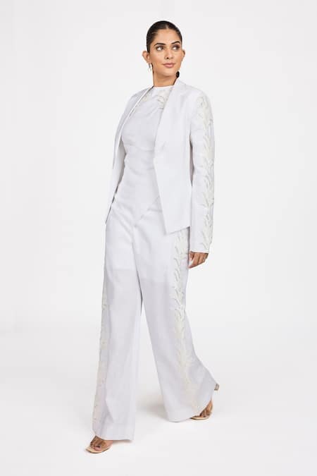 Dev And Viv White Lycra Sequins, Embroidery Blazer 