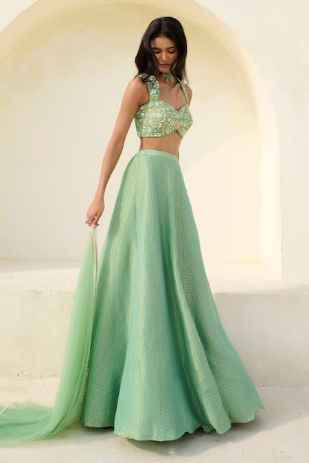 Shop_Chamee And Palak_Green Brocade, Silk, Tissue, Net Sequins, Embroidery Mina Blouse And Skirt Set _Online_at_Aza_Fashions
