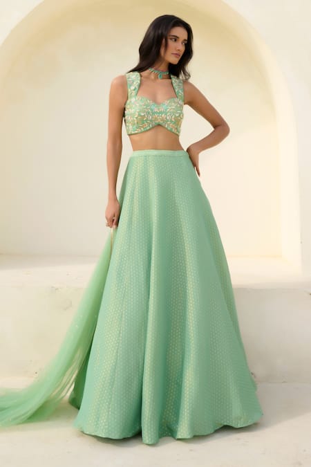 Buy_Chamee And Palak_Green Brocade, Silk, Tissue, Net Sequins, Embroidery Mina Blouse And Skirt Set 