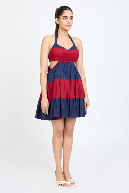 Shop_Dev And Viv_Blue Cotton Halter Neck Color Block Pattern Dress _Online_at_Aza_Fashions
